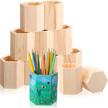 DoubleFill 12 Pack Wooden Pencil Holder Unfinished Wood Pen Holder for DIY Crafts 3 x 3 x 4 Inch Mini Wood Desk Organizer for Back to School Classroom Homemade Art Projects Supplies(Hexagonal)