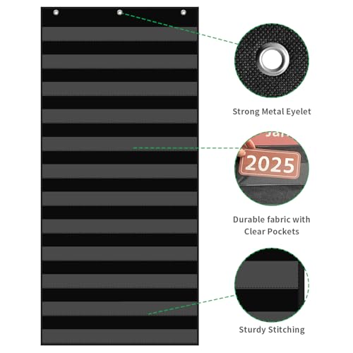 ANCOMEDO 20”W x 48.25”H Classroom Words Pocket Chart with 12 Clear Pockets, Black Standard Pocket Chart for Classroom and Home for Sentence Strips, Reusable Clear Pocket Hanging Words Chart (Black) - size: 20Wx48.25H