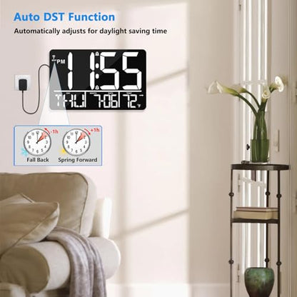 13" Bluetooth Auto Sync Wall Clock - Large Digital Alarm Clock with Remote - style: White Numbers