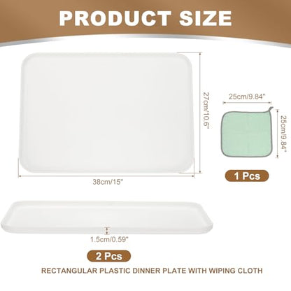 PATIKIL 15x10.6 Plastic Tray, 2 Pack Rectangular Plates Food Tray Wheat Plates Dishes Reusable Dessert Plate Trays with Cloth for Cake Fruits Salad Cupcake Steak Serving White - color: White, size: L(15"x10.6")