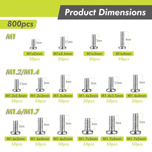800PCS Micro Screws Assortment Kit, M1/M1.2/M1.4/M1.6/M1.7 Mini Phillips Pan Head Screws, Bright Nickel Plated Small Machine Screw Set for Electronics Repair, DIY, Precision Devices