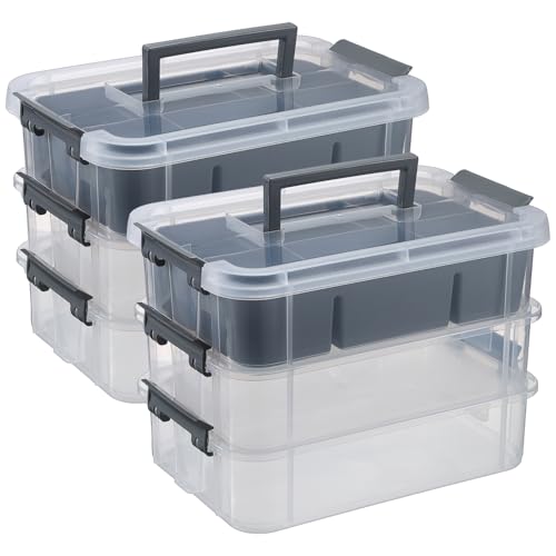 JUXYES 3-Tiers Plastic Stack Carry Storage Containers Box wih Handle Lids - color: Gray