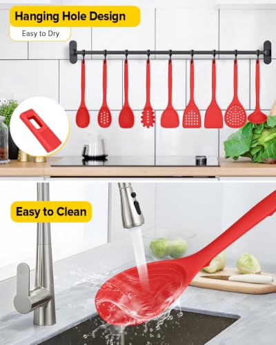BUNDLEPRO Silicone Cooking Utensils Set, 9 Pcs Kitchen Utensils, One-Piece - color: Red