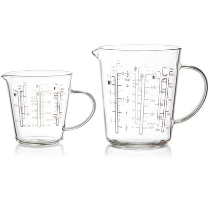 Unbreakable Glass Measuring Cup with V-Shaped Spout and Handle - For Baking and Cooking, 2 Cup Measuring and Tea Cup, Easy-to-Read Markings for Cooking and Beverage Use, 500ml /200ml