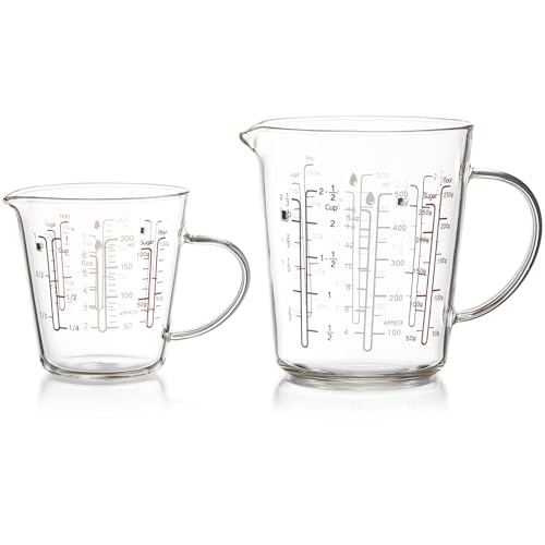 Unbreakable Glass Measuring Cup with V-Shaped Spout and Handle - For Baking and Cooking, 2 Cup Measuring and Tea Cup, Easy-to-Read Markings for Cooking and Beverage Use, 500ml /200ml