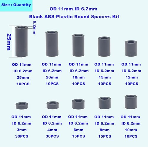 OD 11mm ID 6.2mm Black ABS Unthreaded Round Spacers for M6 Screw Kit - size: OD 11mm ID 6.2mm