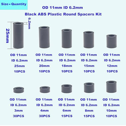 OD 11mm ID 6.2mm Black ABS Unthreaded Round Spacers for M6 Screw Kit - size: OD 11mm ID 6.2mm