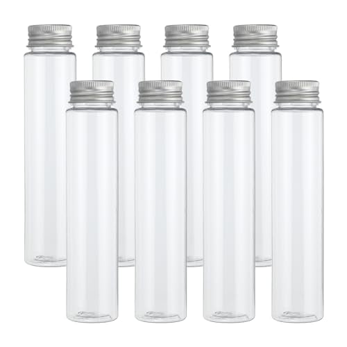 PATIKIL 110ml Test Tubes, 8pcs 5.91x1.34" Plastic Clear Flat Bottom Test Tube Containers with Caps for Bead Party Candy Bath Salt Storage Scientific Experiment Plant Propagation, Silver