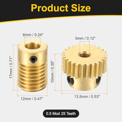 uxcell Worm Gear Set Right Rotation 25T 0.5 Module 1:25 Reduction Rate - size: Gear-3mm, Rod-6mm Bore, style: 0.5M-25T