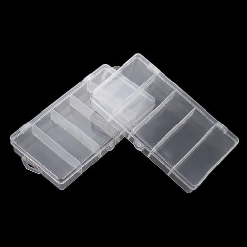 2 Pack 5 Grid Clear Plastic Dividing Storage Box, Bead Storage Containers with Lid Fishing Tackle Storages Box Fishing Lure Bait Hooks Boxes for Jewelry, Crafts (6.9 x 3.7 x 1.1 Inch)