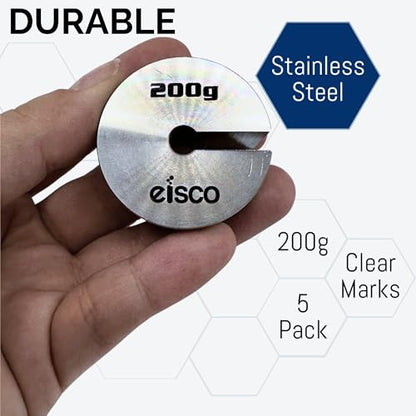 Eisco Labs - 200g Stainless Steel Slotted Mass – Durable Precision Weight with 1.5" Outer Diameter, Slotted for Lab, Physics & Educational Use, Pack of 5