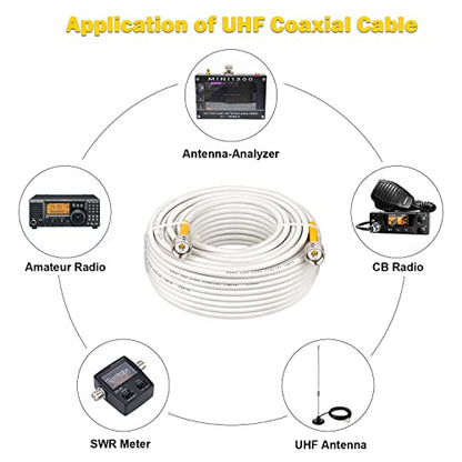 MOOKEERF CB Coax Cable,100ft RG8x Coaxial Cable PL259 Male to Male,PVC White Marine Antenna Cable UHF Cable CB Antenna Cable for CB Radio,HAM Radio,VHF Radio,SWR Meter,Antenna Analyzer - size: 100FT