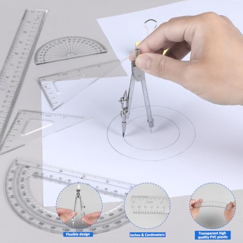 Coopay 7 Pcs Geometry Set, Clear Acrylic Ruler, Protractor and Compasses - size: 7 Pcs set