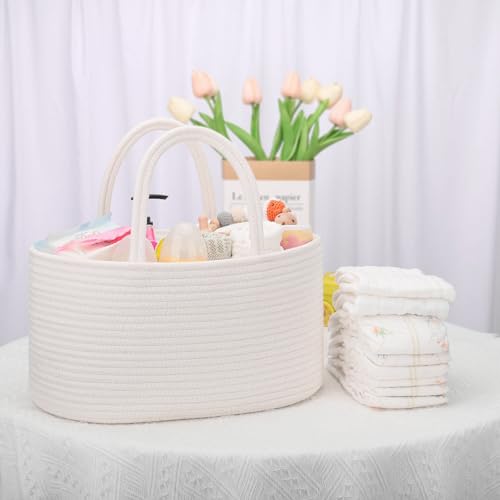 COMSE Baby Diaper Caddy Organizer with Handles, Cotton Rope, White - color: White, size: Regular