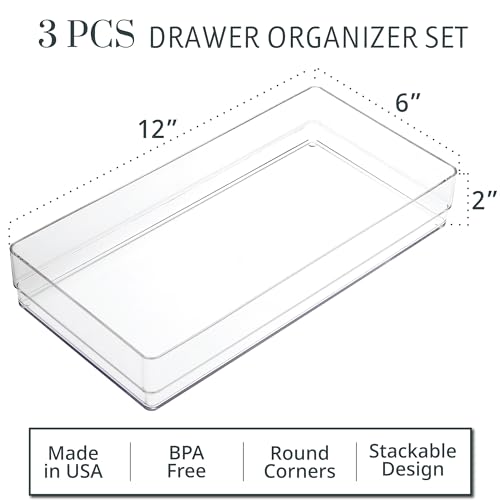 STORi SimpleSort 3-Piece Stackable Clear Drawer Organizer, 12" x 6" x 2" - size: 12x6x2"