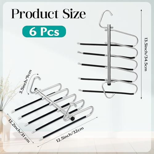 Pants Hangers Space Saving - 6 Pack 5-Tier Stainless Steel Jean Closet Organizer, Anti-Slip Clothing Storage Rack, Multifunctional Clothes Hanger Holder for Trouser Skirt Scarf Slack Legging