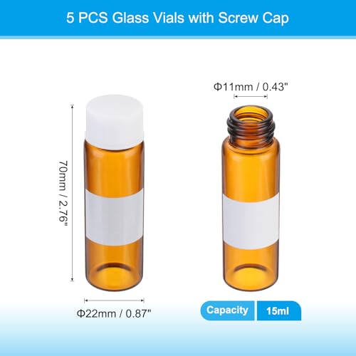 PATIKIL Small Glass Sample Bottles with Lids, 5 Pcs 15ml Amber Glass Vials with White Screw Caps Mini Leak Proof Reagent Sealed Bottles with Writing Label for Solid Liquid Powder Storage - color: White/Amber, size: 15ml
