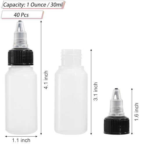 Bekith 40 Pack 1oz Dispensing Bottles, Boston Round HDPE Plastic Bottle with Twist Top Cap, Empty Plastic Squeeze Bottle