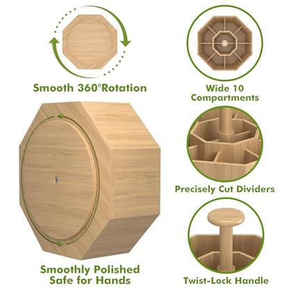 CraftGenes Bamboo Rotating Pen Organizer for Desk with 10 Compartments