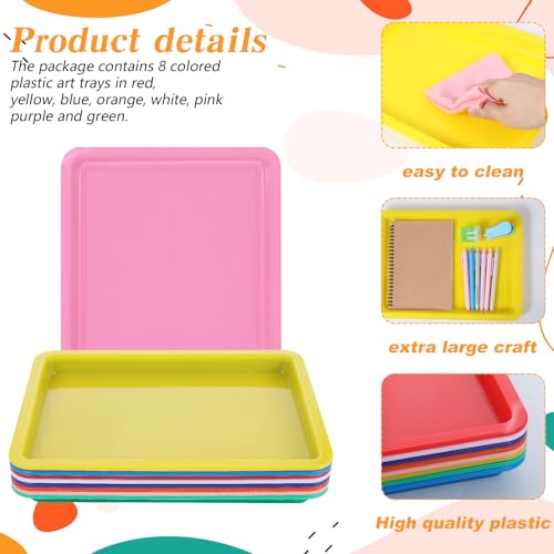 8 Pack Large Plastic Art Trays 13.4 x9.9 x1 Inch Stackable Activity Craft Trays Sensory Serving Organizer for DIY Project Jewelry Sorting Sand Painting Supplies, 8 Color