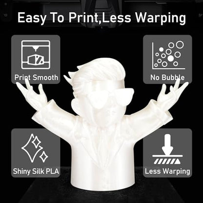 Silk White PLA Satin Shiny 3D Printer Filament, 1.75mm Diameter 1kg Spool 2.2lbs for FDM 3D Printers - color: White