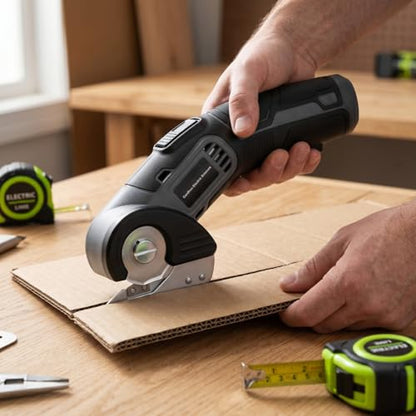 4V Cordless Electric Scissors, Lightweight Rotary Cutter with 2 Blades & USB Charging, for Cardboard Fabric Leather Carpet Plastic Rope Cutting, Safety Lock for Home DIY Craft Use