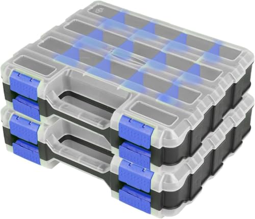 AIDY-PRO Hardware Organizer Box 34 Compartments Small Parts Organizer with Removable Dividers Durable Plastic Double Side Tools Box Screw Organizers For Nuts, Bolts, Screws, Nails 2Pack - color: Blue, size: 2 PACK