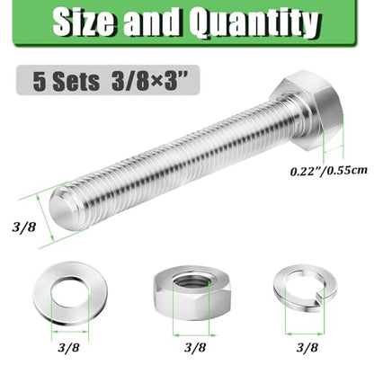 5 Sets 3/8-16 x 3 Stainless Steel Hex Head Screws Bolts, Nuts, Flat & Lock Washers,18-8(304) Full Thread - color: Silver-hex, size: 3/8-16×3"(5 sets)