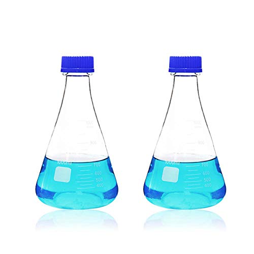 ULAB Scientific Erlenmeyer Flasks with Blue Screw Cap, 34oz 1000ml, 3.3 Borosilicate with Printed Graduation, Pack of 2, UEF1021 - style: Vol. 1000ml, Pack of 2