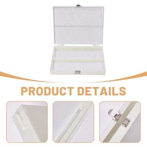 2 Pcs 100 Place Microscope Slide Storage Box, Plastic Microscope Slide Set with Iron Lock for Experiments Analyses Science, White, 8.07×6.3~6.92×1.33 Inch