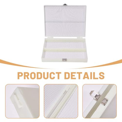2 Pcs 100 Place Microscope Slide Storage Box, Plastic Microscope Slide Set with Iron Lock for Experiments Analyses Science, White, 8.07×6.3~6.92×1.33 Inch