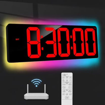 TXL 17.2" WiFi Digital Wall Clock with Seconds, Large Countdown Timer for Classroom Home Gym Office, Alarm Clock with Remote Control, RGB Ambient Lights, 4 Dimmable Brightness, Auto DST(Red) - color: Red