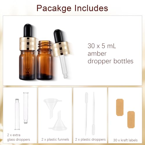 30 Pack 5ml Amber Glass Dropper Sample Bottles with Golden Caps - color: Amber, size: 5mL-30pcs