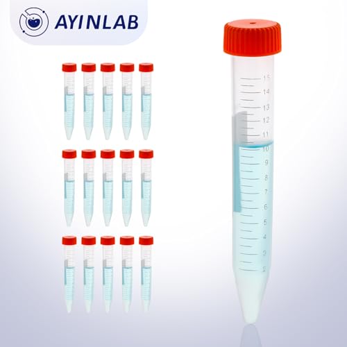 Conical Centrifuge Tubes 15mL, AyinLab Conical Tubes 50pcs, Polypropylene Plastic Test Tubes with Leak-Proof Screw Caps, Graduated and Write Marks, Non-pyrogenic and DNase/RNase Free - size: 15ML-50PCS