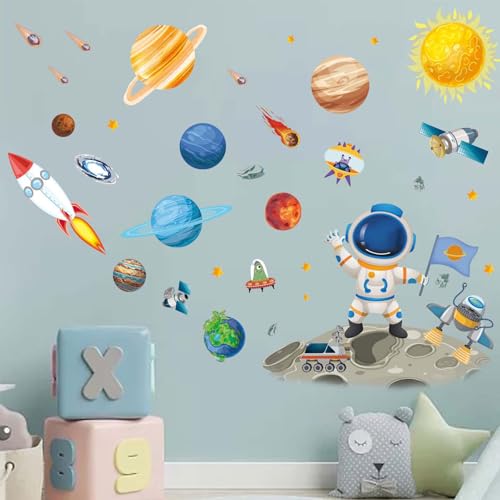 Outer Space Astronaut Wall Stickers - Planets Rocket Boys Wall Decals - Baby Nursery Kids Room Daycare Playroom Classroom Wall Decor - color: A