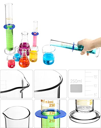 QWORK Lab Glassware Set, Beaker Flask Cylinder Set, 9 Pieces - Includes 3 Erlenmeyer Flasks, 3 Beakers, & 3 Grade A Graduated Cylinders - Borosilicate 3.3 Glass