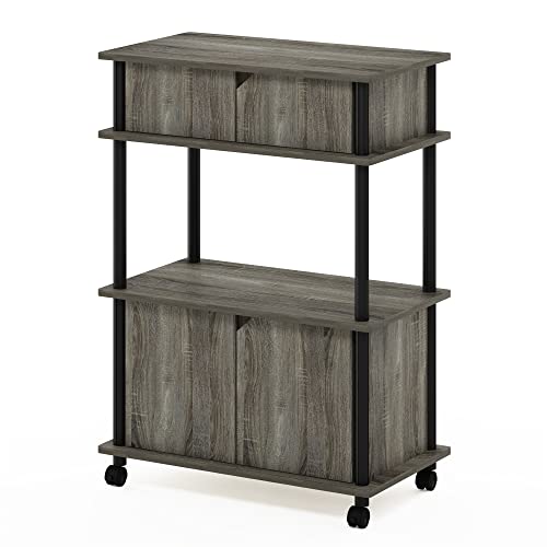 Furinno Turn-N-Tube Kitchen Storage Cart with Cabinet and Lockable Wheels, French Oak Grey/Black - color: French Oak Grey/Black, size: 3-Tier with Cabinet