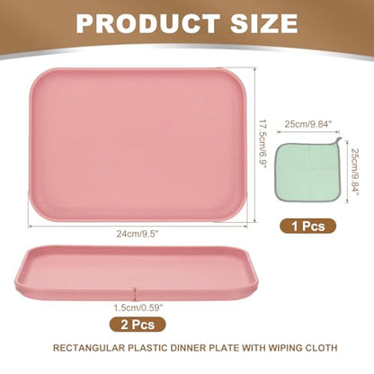 PATIKIL 9.5x6.9 Plastic Tray, 2 Pack Rectangular Plates Small Food Tray Wheat Plates Dishes Reusable Dessert Plate Trays with Cloth for Cake Fruits Salad Cupcake Steak Serving Pink - color: Pink, size: S(9.5"x6.9")