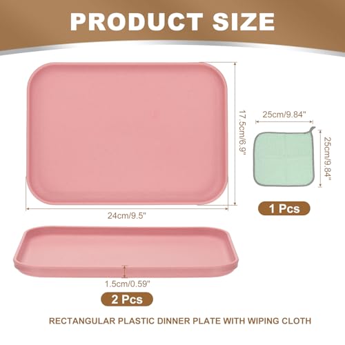 PATIKIL 9.5x6.9 Plastic Tray, 2 Pack Rectangular Plates Small Food Tray Wheat Plates Dishes Reusable Dessert Plate Trays with Cloth for Cake Fruits Salad Cupcake Steak Serving Pink - color: Pink, size: S(9.5"x6.9")
