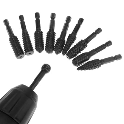 QWORK 10 Pieces Rotary Burr Wood Carving Rasp Files Set - 1/4" Hex Shank, Precision Milled, for Wood Plastic Engraving Deburring