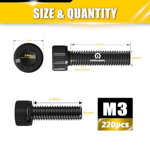 M3x20mm Screws 220pcs Hex Socket Cap 12.9 Steel Black Zinc Fully Thread - size: M3*20mm 220pcs