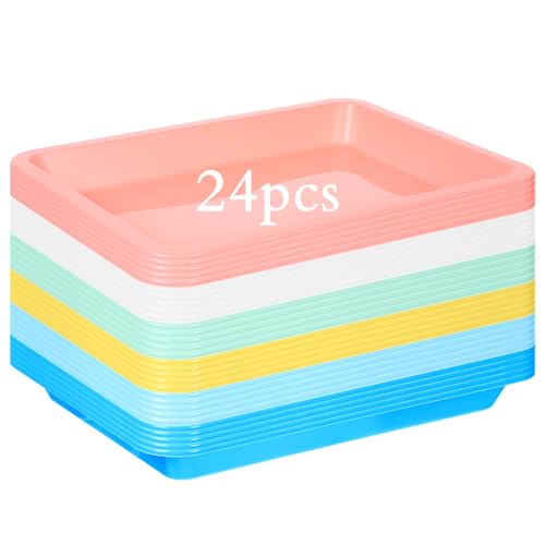 24Pcs Plastic Art Trays for Classroom Activity Craft Sand Trays Flat Storage Tray Serving Organizer Tray Stackable Bins for Painting Beads Office School DIY Projects 9.6 x 7.3 Inches