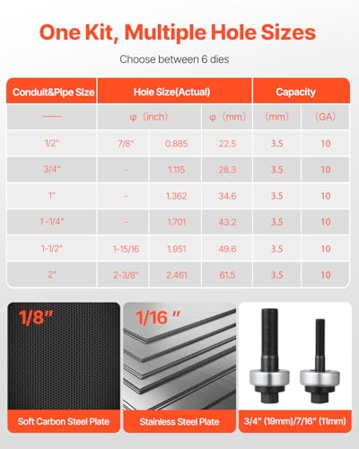 VEVOR Knockout Punch Set, 1/2 to 2 inch SLUG-Buster Ratchet Knockout Set, Ratchet Wrench Knockouts Punch Sets for Aluminum, Mild Steel, Fiberglass, Plastics, 6 Die Sizes, 40Cr Steel Ko Tool Kit - style: 1/2 to 2 inch SLUG-Buster Ratchet Knockout Set