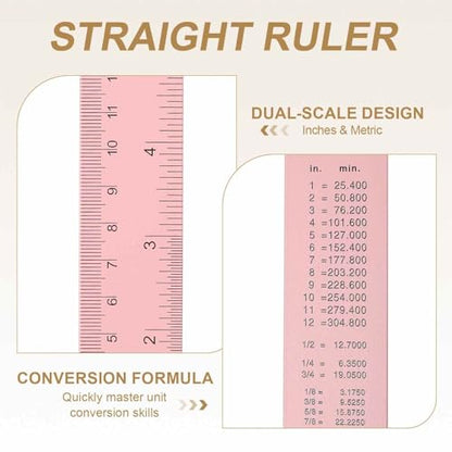 HARFINGTON 2pcs Metal Straight Ruler 30cm Metric & SAE Aluminum Alloy Measuring Rulers Scale Tool with Hole for Measure Study Reading Classroom Office, Pink - color: Pink, size: 30cm