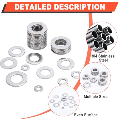 600 PCS Metric Flat Washers, 304 Stainless Steel Washer Assortment Kit, M3 M4 M5 M6 M8 M10 M12, Stainless Steel Washers for Screws and Bolts, Hardware Assortment for DIY & Repair