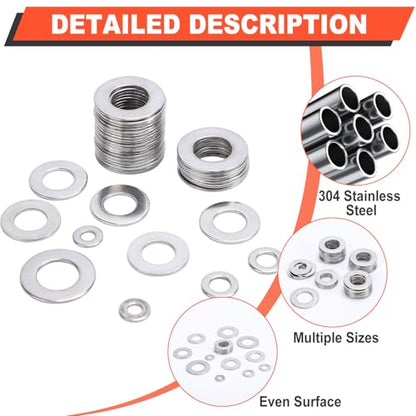 600 PCS Metric Flat Washers, 304 Stainless Steel Washer Assortment Kit, M3 M4 M5 M6 M8 M10 M12, Stainless Steel Washers for Screws and Bolts, Hardware Assortment for DIY & Repair