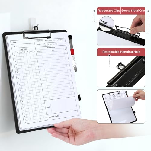 Hardboard Dry Erase Clipboard | 9”x12.5” Premium PU Leather Executive Clipboard with Anti-Ghosting Surface | Strong Clip Holds Letter & A4 Paper | for Office, School, Teacher, Nurse (Black)