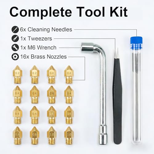 3D Printer Nozzle Kit, 16PCS MK8 Brass Nozzles 0.2/0.4/0.6/0.8/1.0mm