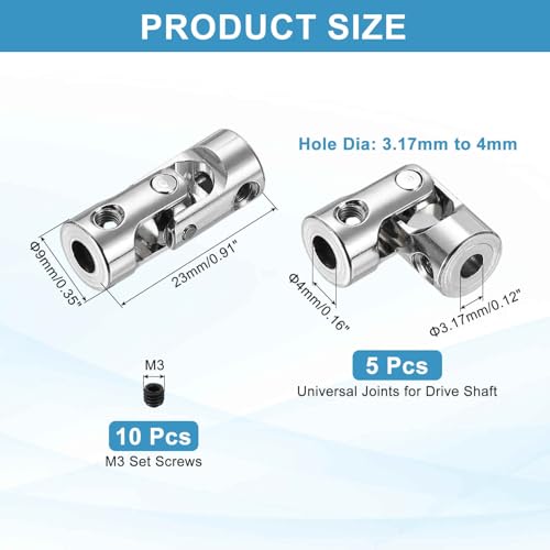 MECCANIXITY 5pcs Universal Joint Shaft Coupling, 3.17mm to 4mm Inner Dia Rotatable Steering Shaft U Joints Coupler with Screws for RC Car, Robot, Boat Drive Ship Motor Use - size: 3.17mm to 4mm