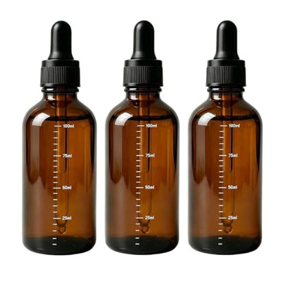 ericotry 3Pcs 100ML /3.4oz Empty Refillable Amber Glass Graduated Dropper Bottle Essential Oil Cosmetics Elite Fluid Container Jar Pot Holder with Glass Pipette Dropper - size: 100 ml
